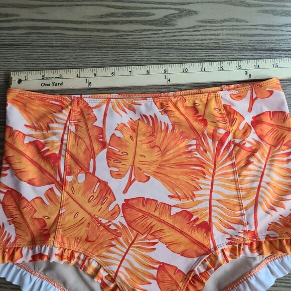 Kortni Jeane Bikini Bottoms XL Orange Palm Leaf Tropical Ruffle High Rise Swim‎ - Picture 6 of 7